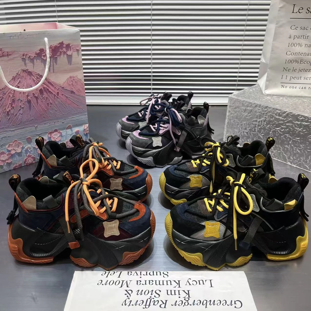 【琪】【单里/加绒】欧洲站2025新款女鞋厚底增高拼色百搭休闲老爹鞋