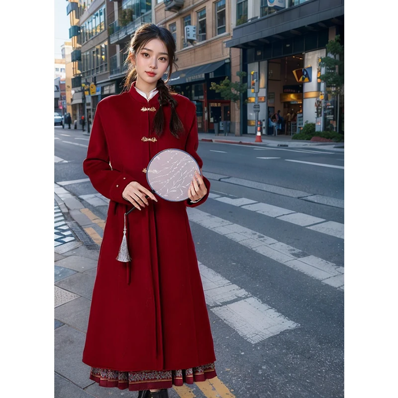 【国色天香】国风新中式红色古典毛呢大衣女冬收腰显瘦中长款外套