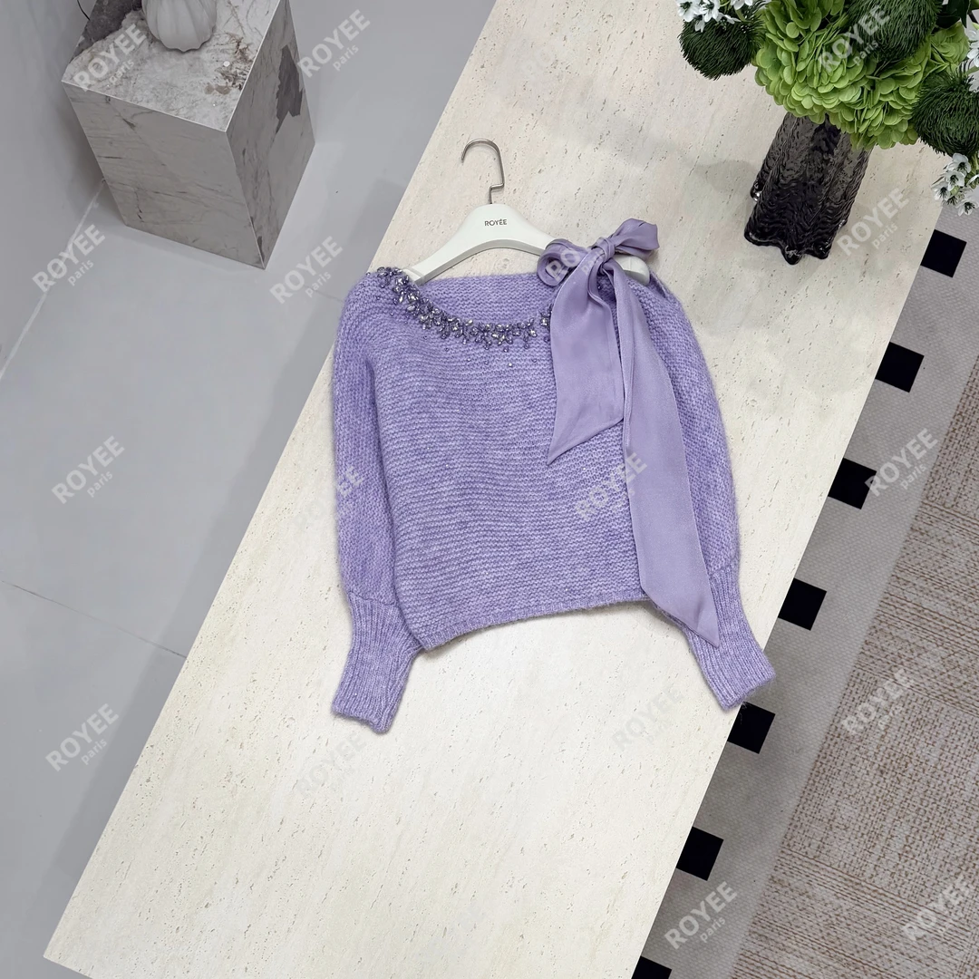 【糯糯奶香】温柔甜美蝴蝶结领口重工镶钻减龄针织衫上衣女RY1816