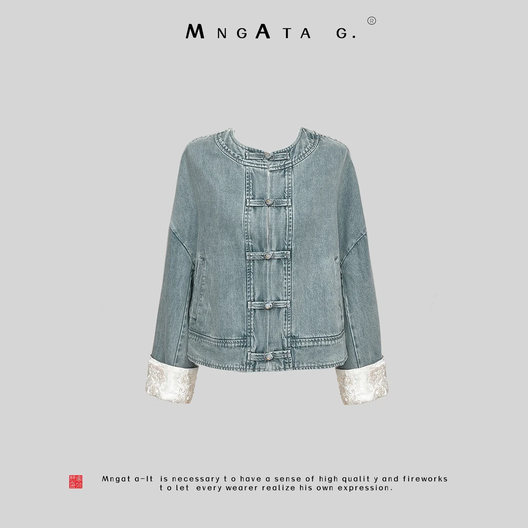 MNGATA G.宫小妍【盘扣牛仔】新中式国风翻边牛仔秋冬外套4X031870