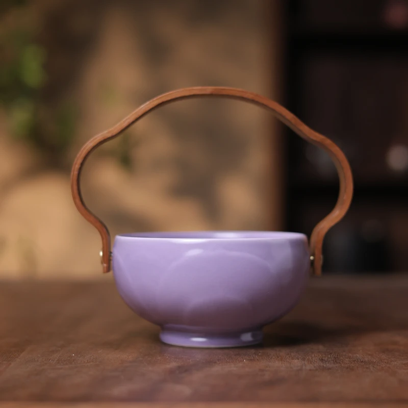 【斋居】汝窑紫5寸莲花提梁果盘300ml（Q8139）茶道配件