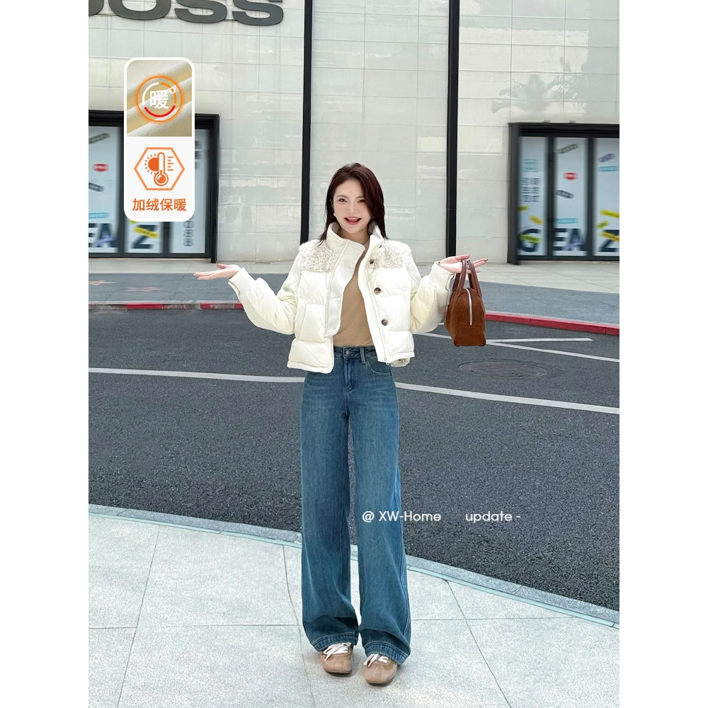 小王家秋冬新款蓝色窄版直筒阔腿裤加绒牛仔裤女款通勤裤子89138