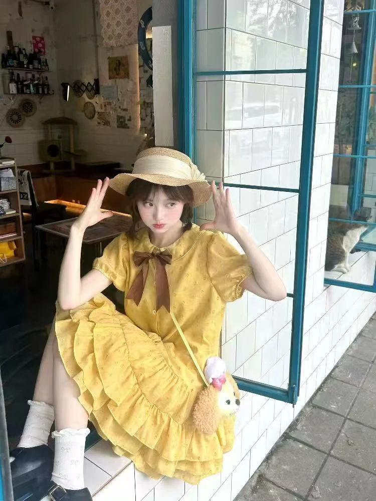 A106-黄色波点夏季连衣裙女小个子娃娃领夏日甜美可爱宽松裙子