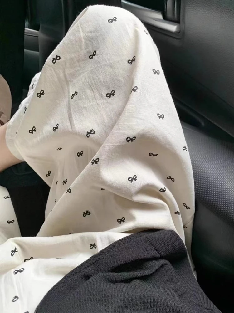 蝴蝶结日系休闲裤女夏季薄款大码胖mm高腰显瘦阔腿裤小个子九分裤