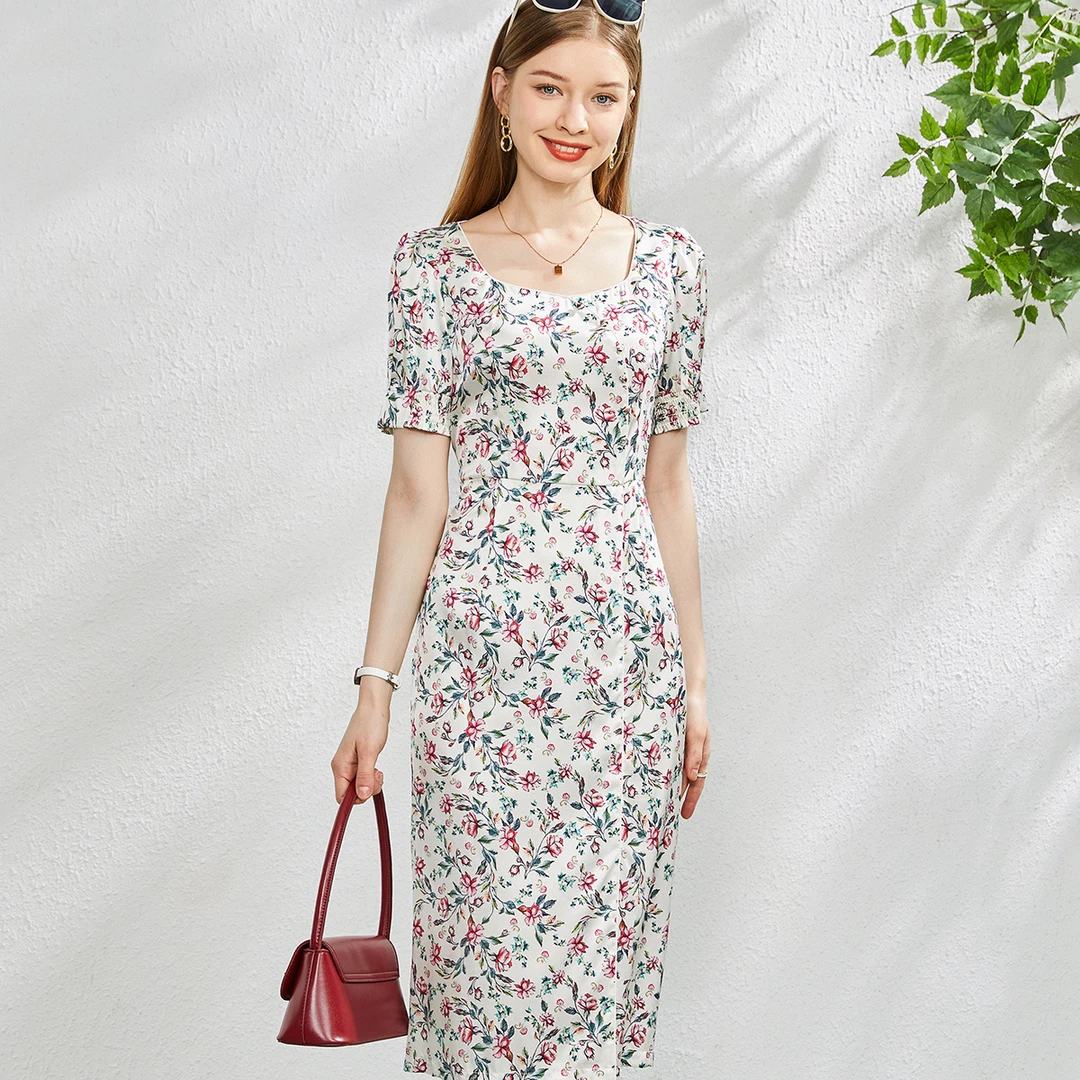 《粉丝专享》19姆米弹力缎桑蚕丝方领短袖印花连衣裙635539