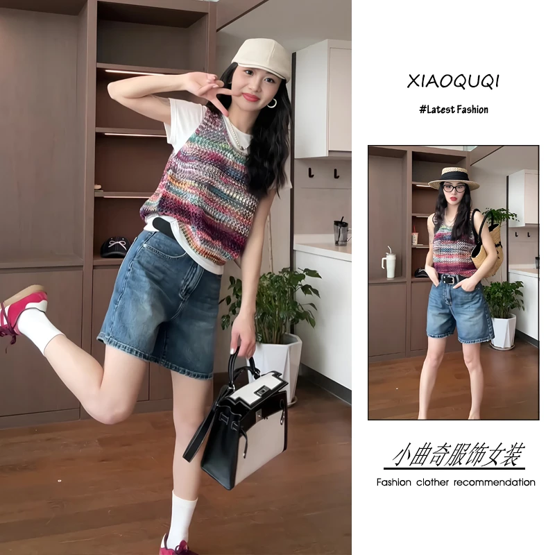 今年流行穿搭一整套2025新款夏季港风高级感短袖背心牛仔短裤套装