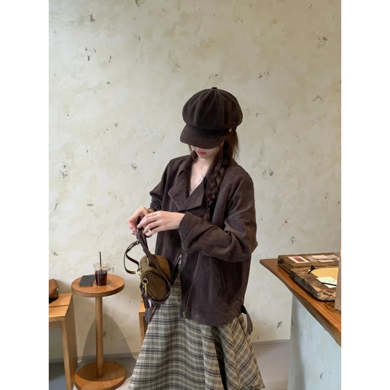 乌77美式复古麂皮绒翻领短外套女小个子设计感宽松百搭夹克上衣秋