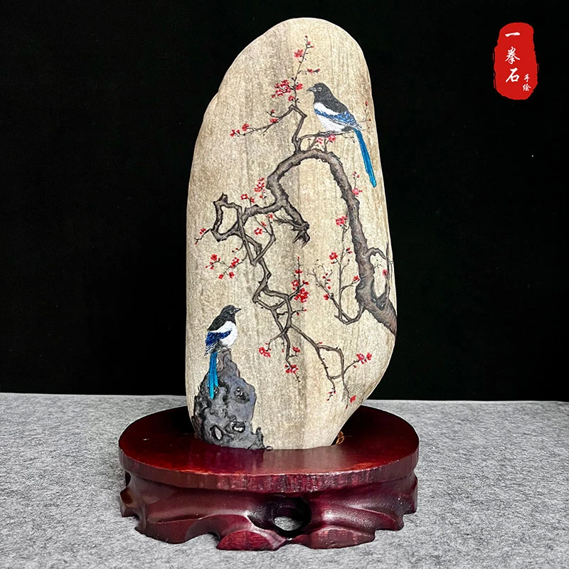 纯手绘石头画【梅鹊报喜】装饰摆件防水不掉色