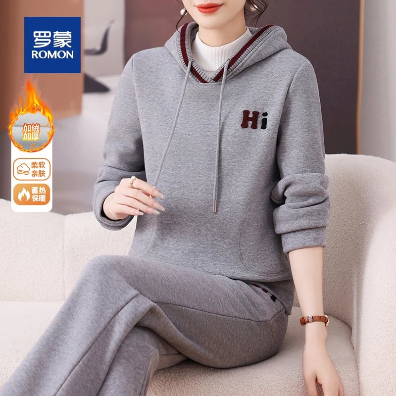罗蒙妈妈休闲卫衣秋冬两件套加绒加厚洋气中老年人运动套装女冬季