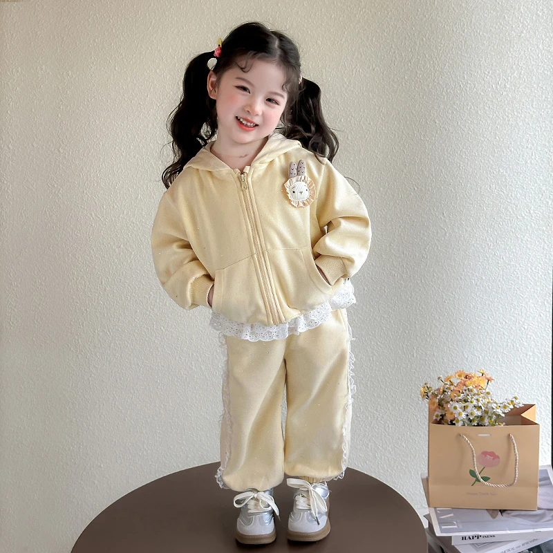 女童连帽套装春装2025新款洋气小童女宝花边休闲服外套韩版两件套