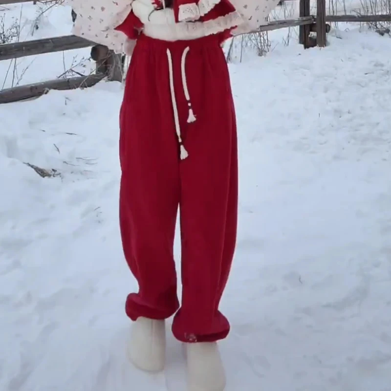2025秋冬新款加厚加绒慵懒束脚阔腿裤女松紧腰抽绳百搭直筒休闲裤