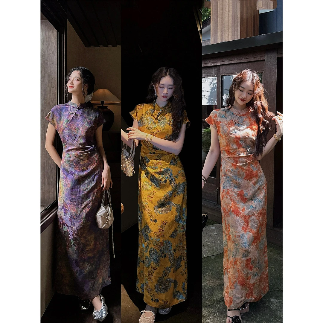 【云c专属】三吉黑花【玉京谣】新中式连衣裙雨露麻改良旗袍短款长裙