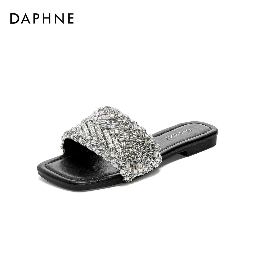 达芙妮轻奢时尚水钻点缀名媛风优雅舒适夏季百搭方头一字带凉拖