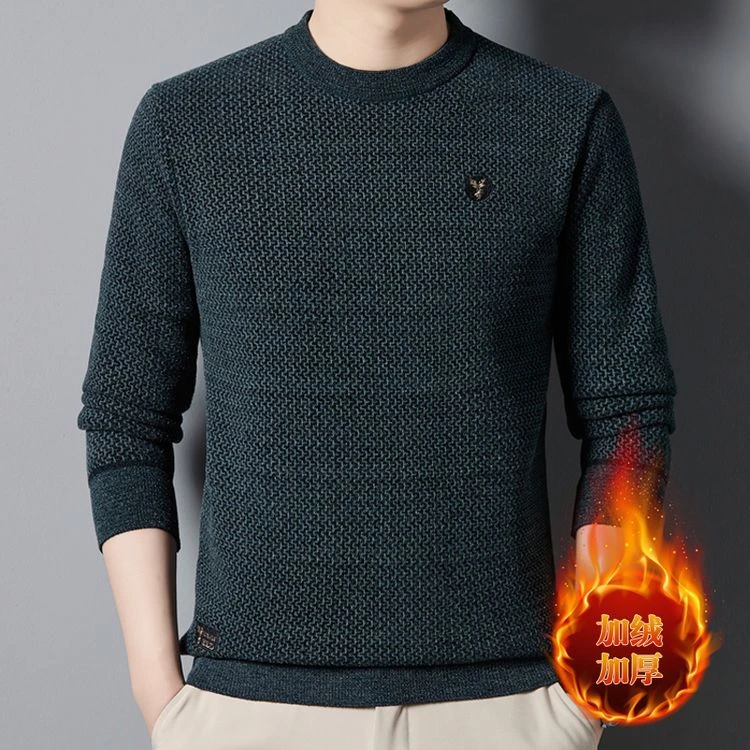 冬季针织秋冬休闲冬季男士一体绒毛衣男士圆领加厚长袖