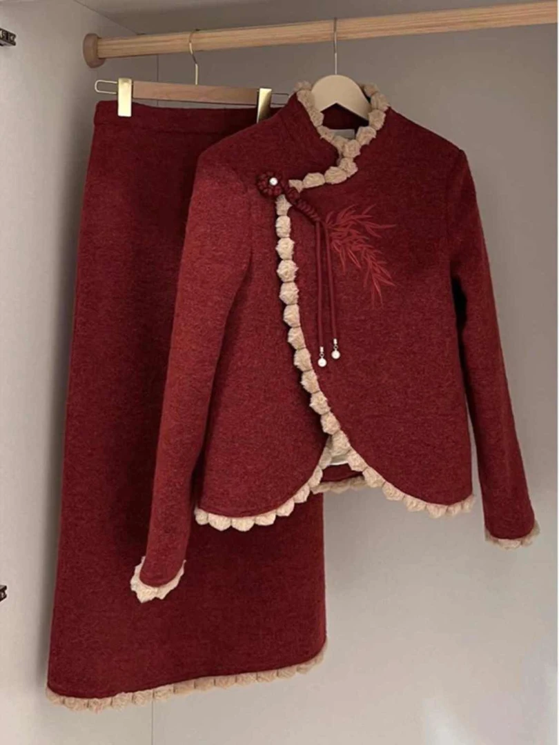 大码胖mm新中式高端精致中国风红色毛呢外套女半身裙两件套装气质