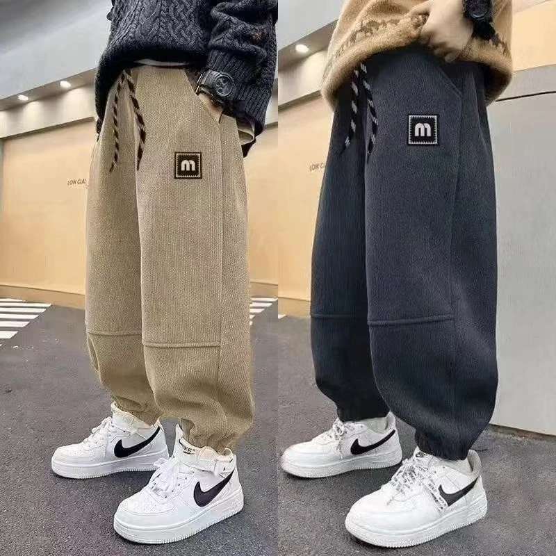 F00983男童2025冬季加绒休闲时尚灯芯绒工装秋季长裤百搭舒适运动
