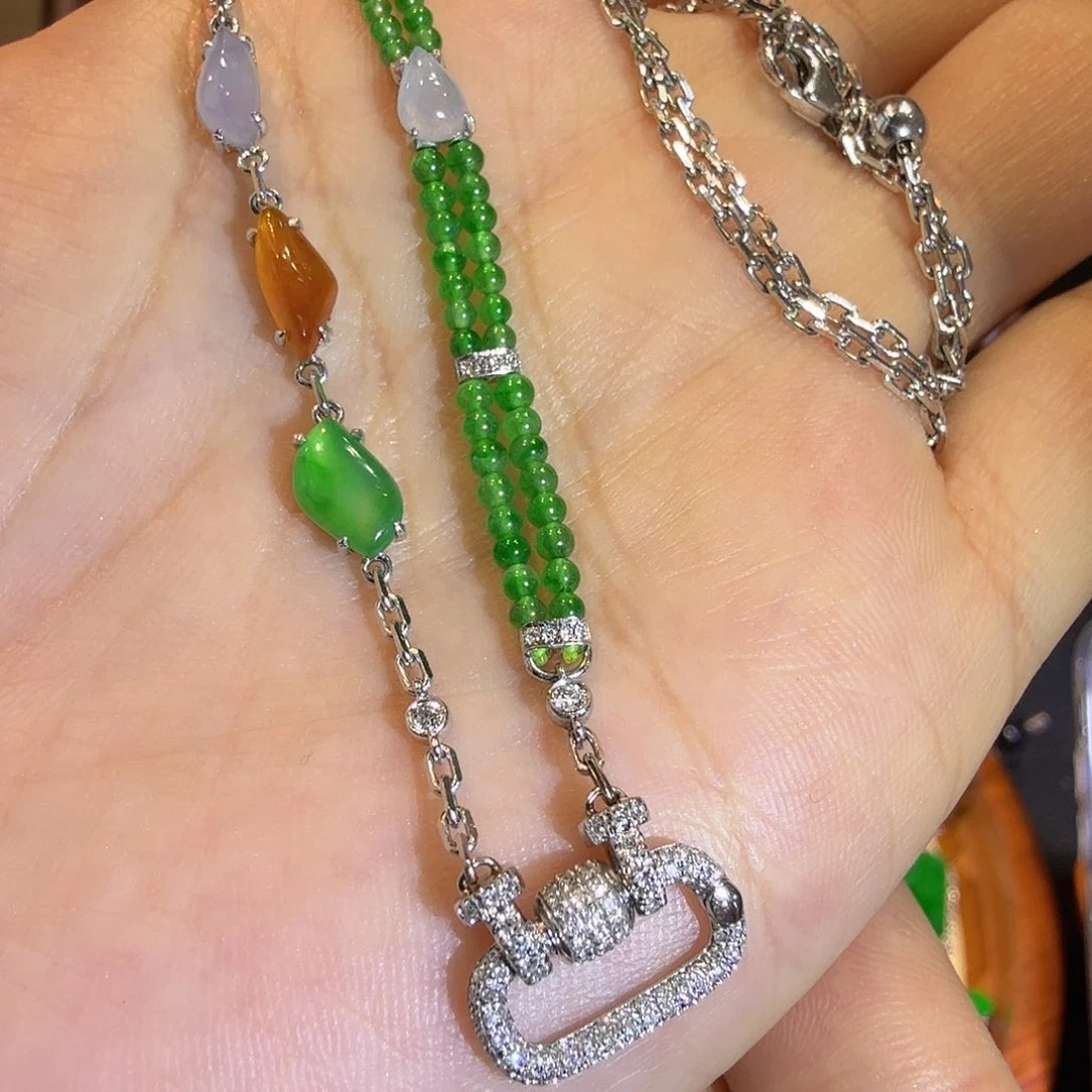 翡翠项链18K金镶嵌高冰满绿小米珠万能链