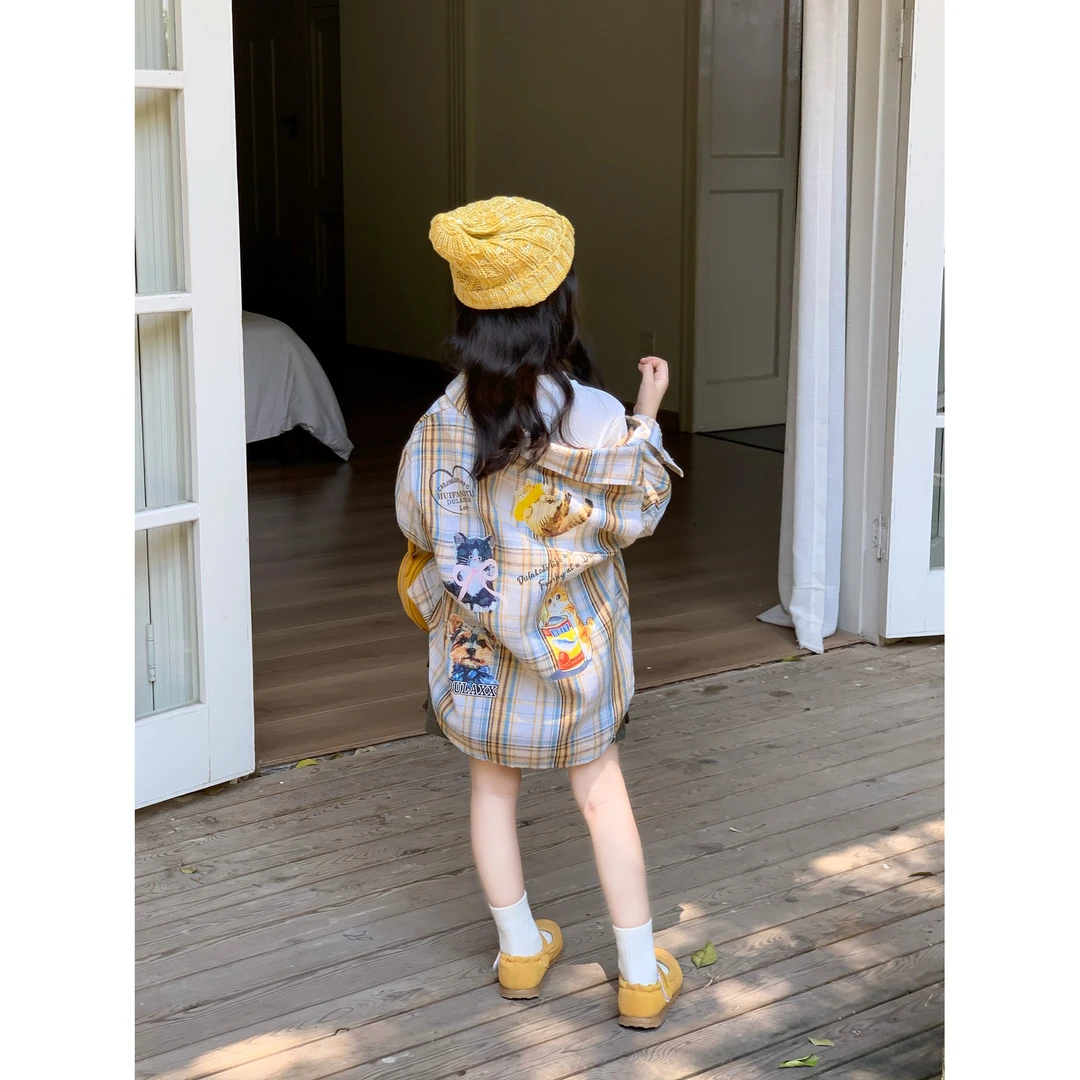 小粉象 ·2025秋季新款童装卡通印花格子衬衫长袖T工装半身裙套装