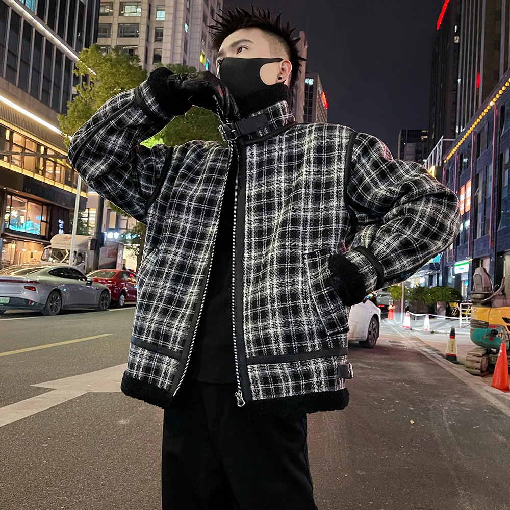 潮牌格子撞色棉衣男冬季毛领加厚保暖棉袄2025新款痞帅气皮毛一体