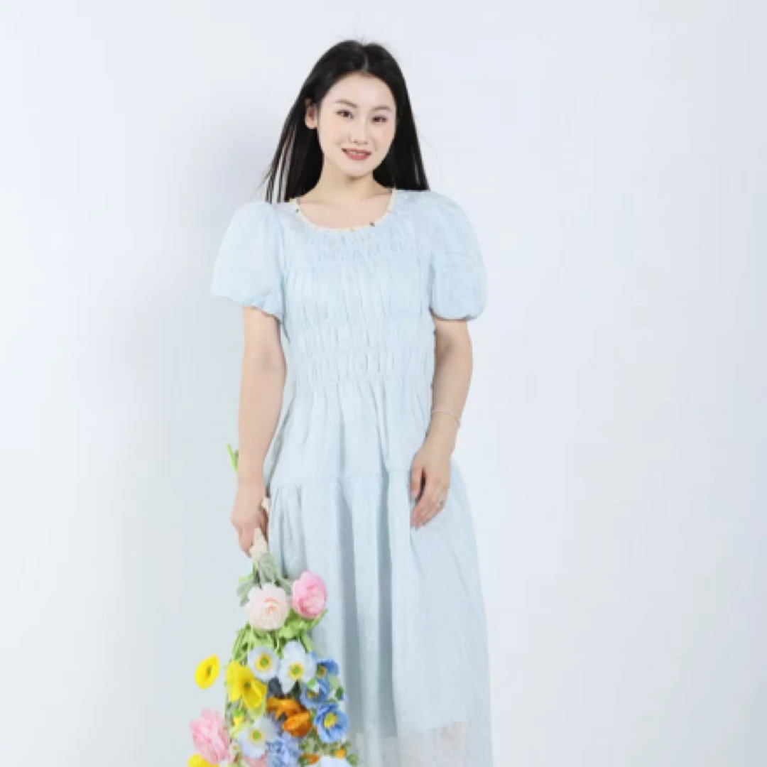 夏季刺绣方领收腰显瘦法式时尚少女风长裙连衣裙