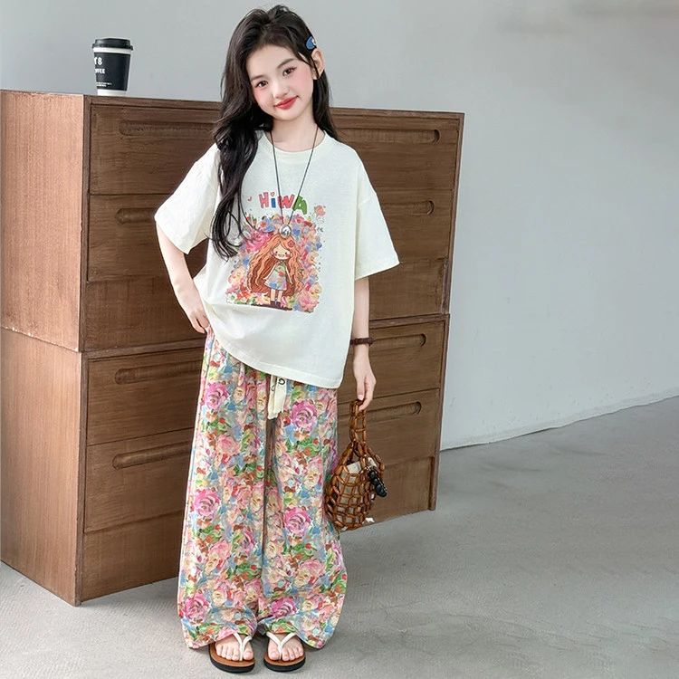 女童洋气碎花儿童休闲夏季短袖女孩防蚊裤套装2025中大童5-12岁15