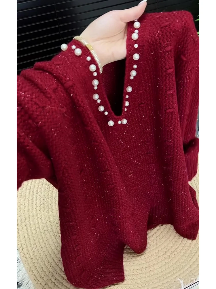 欧货高级感设计圆领珍珠套头毛衣女秋宽松百搭气质时尚针织衫上衣