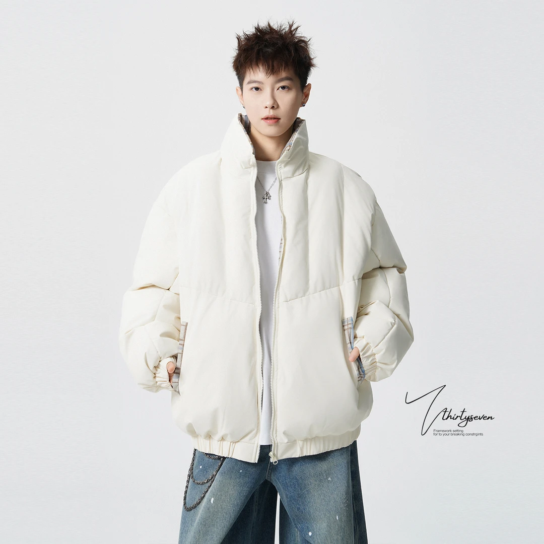 美式cleanfit保暖方格面包服男冬季棉袄高街复古立领棉衣加厚外套