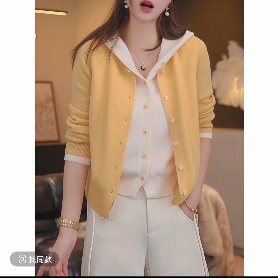 连帽假两件春秋新款韩版设计感撞色减龄气质针织衫907上衣