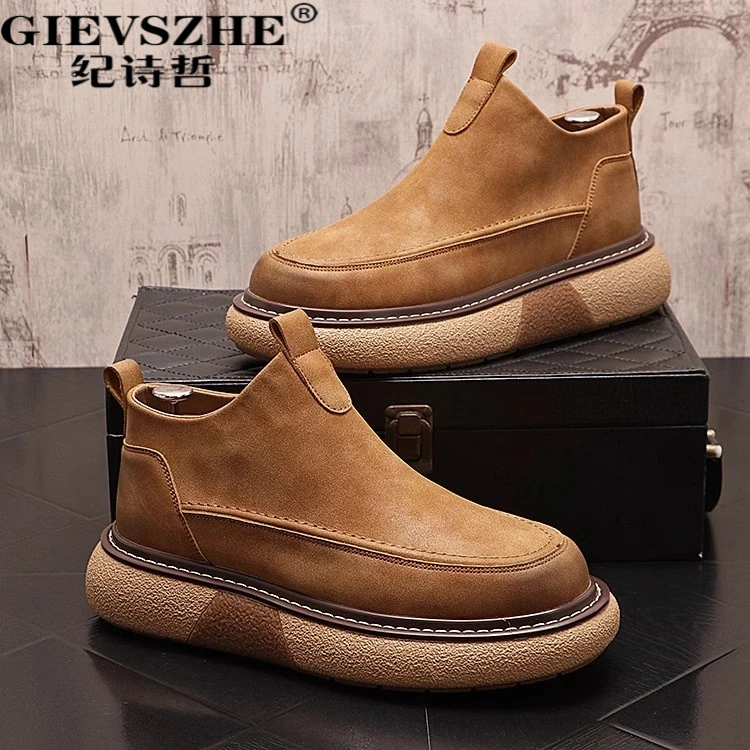 纪诗哲鞋子男款轻奢高端秋冬新款短靴厚底增男款增高学院风马丁靴