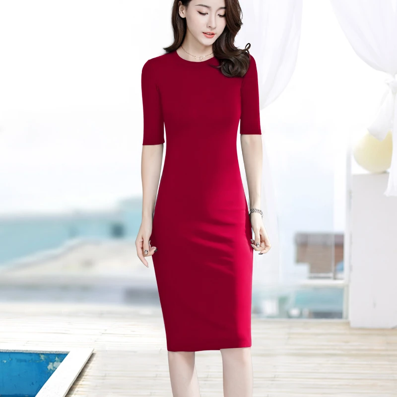 螺纹五分袖圆领连衣裙显瘦修身打底裙女士新款内搭过膝长裙#677