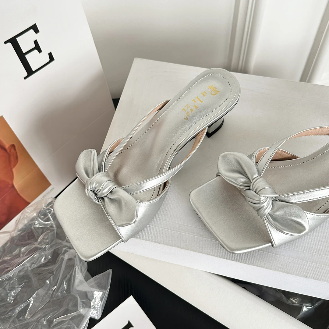 2025夏新款凉拖蝴蝶结休闲风百搭时尚气质爆款方头细跟一字拖外穿