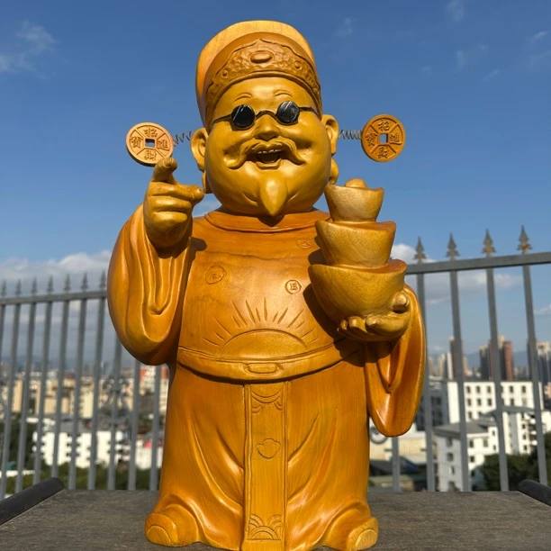 财神爷 来财 来财 指谁谁发财 香樟木 长 40 宽 20 高 55