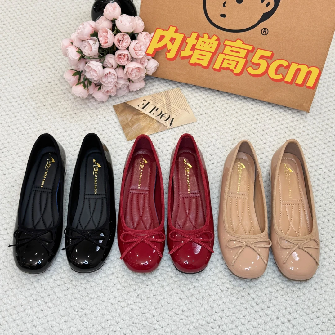 内增高5cm复古芭蕾风蝴蝶结玛丽珍增高鞋法式漆皮圆头单鞋女