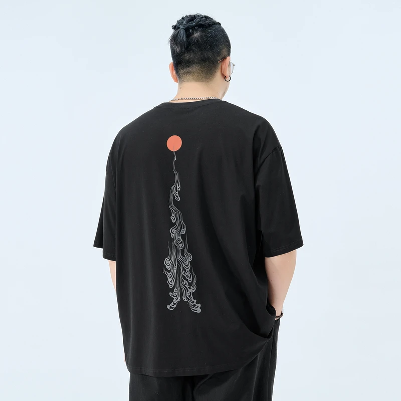 半墨大码男装冰瓷棉短款圆领T恤男士加肥加大中国风套头上衣0237