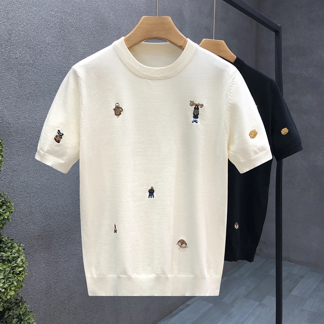 郎的出口品质薄款刺绣杏色针织衫t恤男潮牌短袖毛衣高端半袖上衣