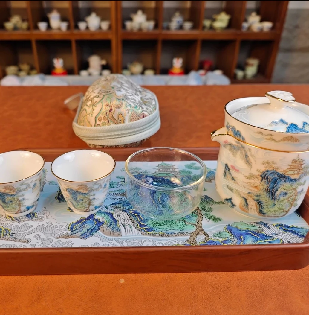 山水描金旅行茶具一壶三杯带茶盘 mc082