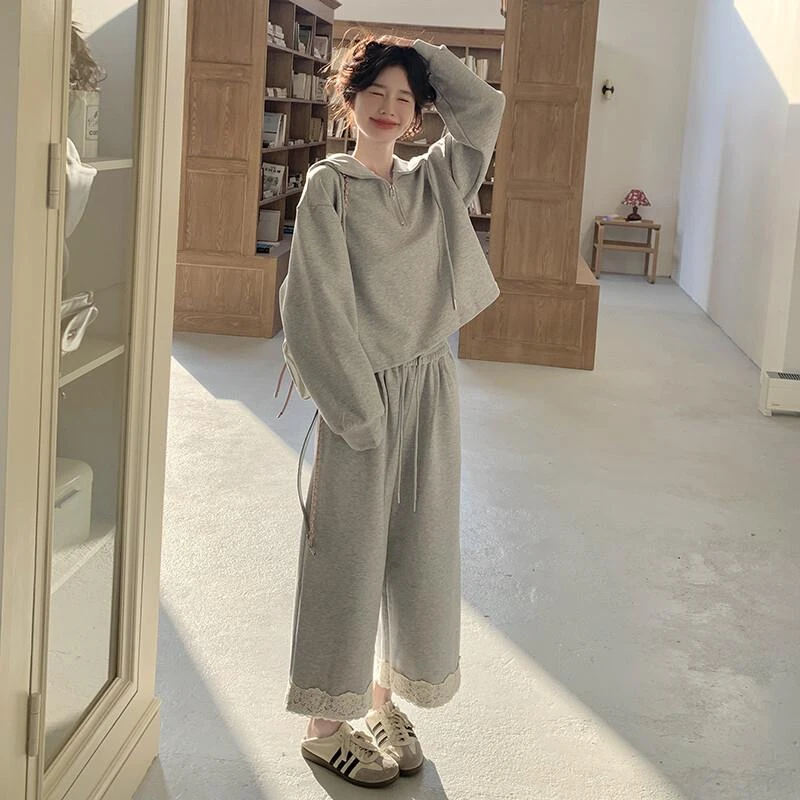 学院风灰色休闲连帽卫衣套装女2025春秋新款蕾丝花边阔腿裤两件套