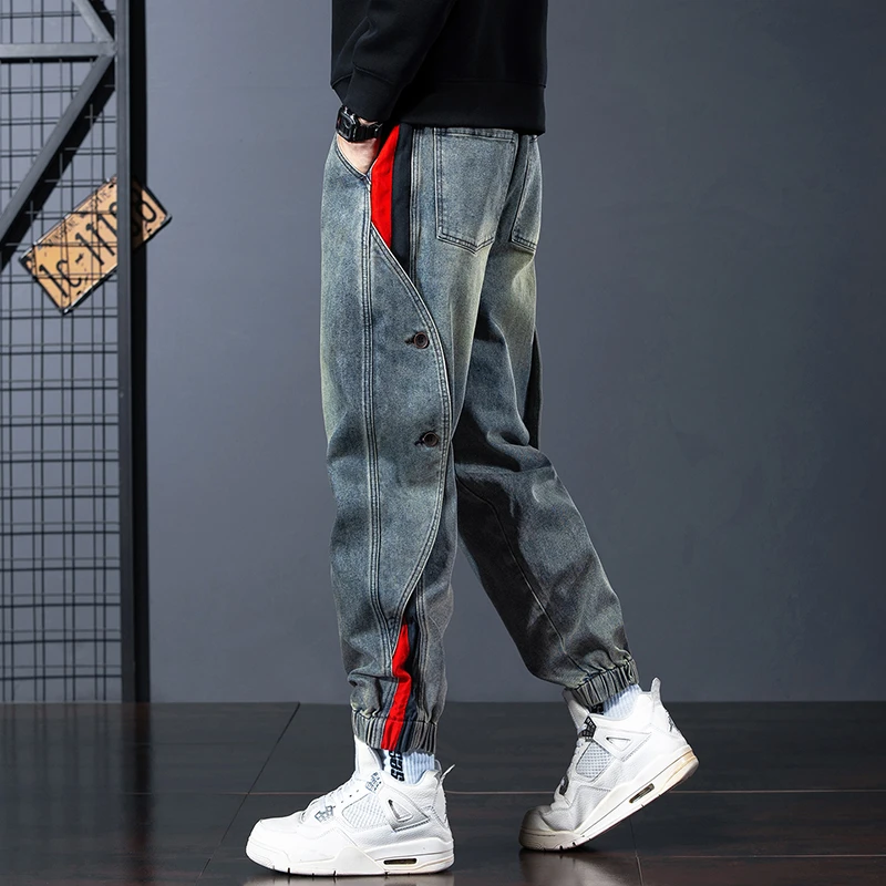 美式复古拼接牛仔裤男秋冬新款宽松束脚加绒工装休闲裤大码哈伦裤