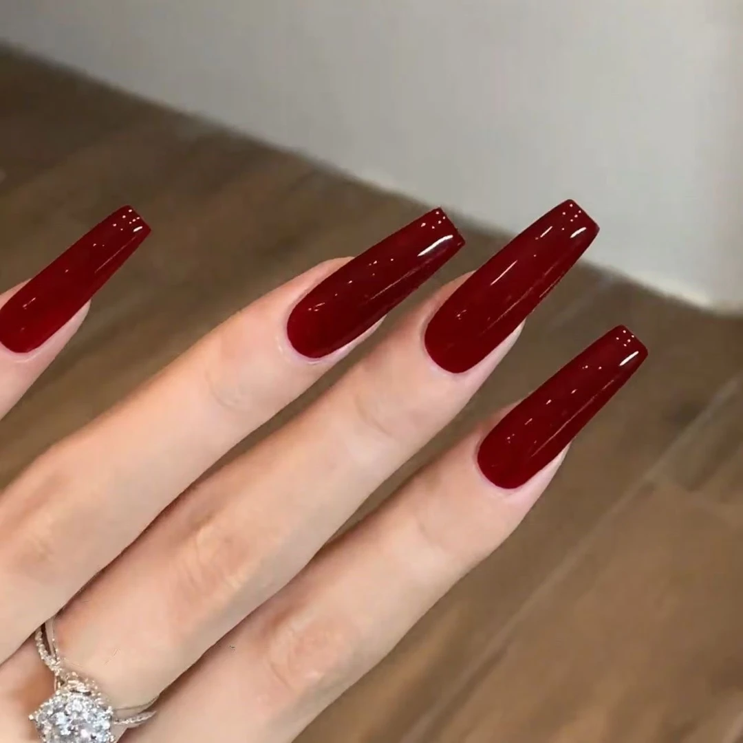 2025新款高级纯手工穿戴甲纯色酒红超长高级气质红色穿戴甲片