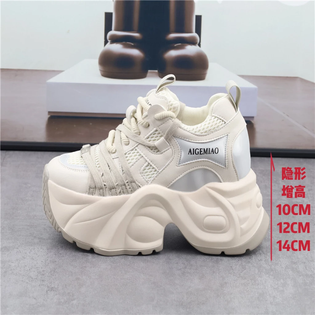 增高14CM显脚小老爹鞋女秋新款时尚绑带潮鞋12cm小个子厚底运动鞋