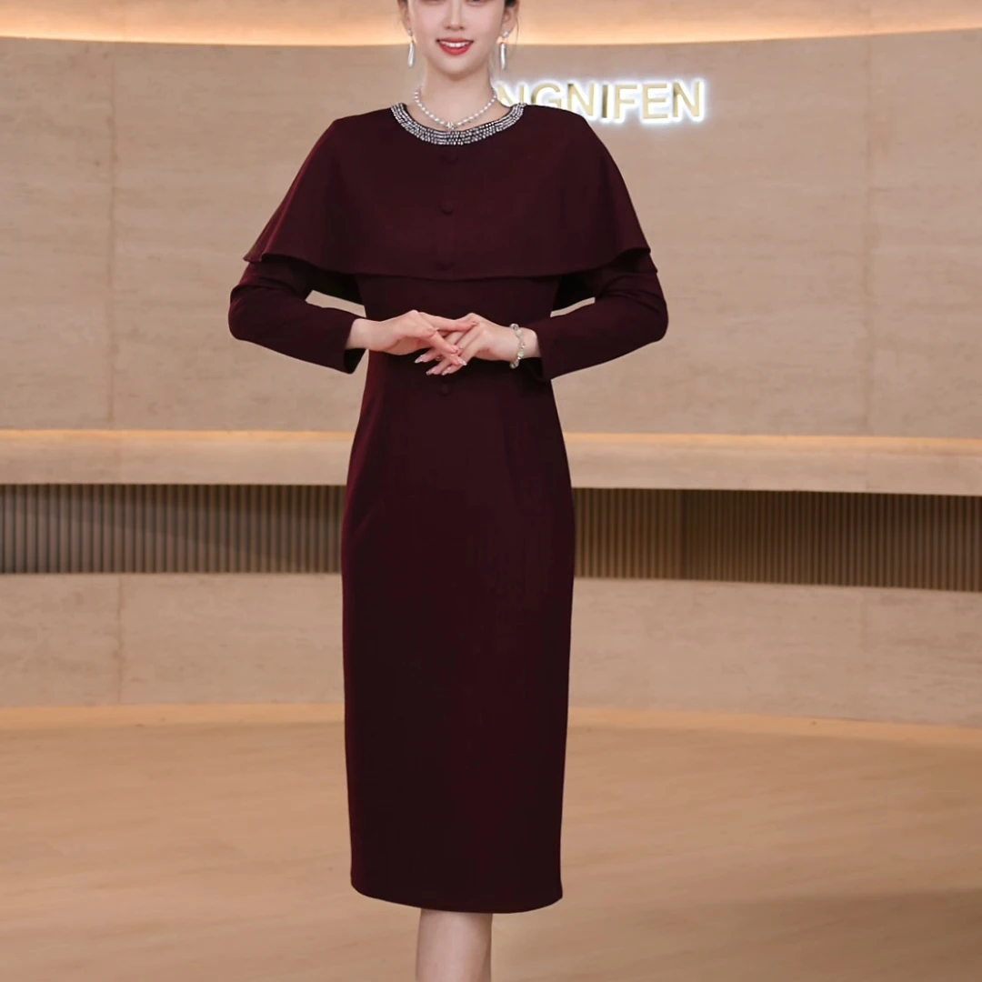 【香妮芬】83560秋冬新款酒红显瘦假两件女装连衣裙长袖长裙
