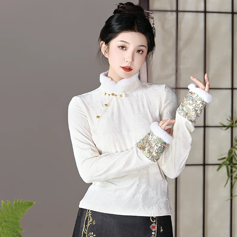 汉馥【西湖】新中式2024秋冬季新款长袖立领拼接仿水貂毛上衣打底衫