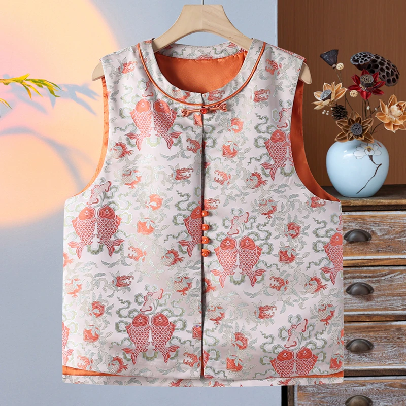 2025春季新中式国风马甲高档提花复古盘扣无袖上衣中年大码妈妈