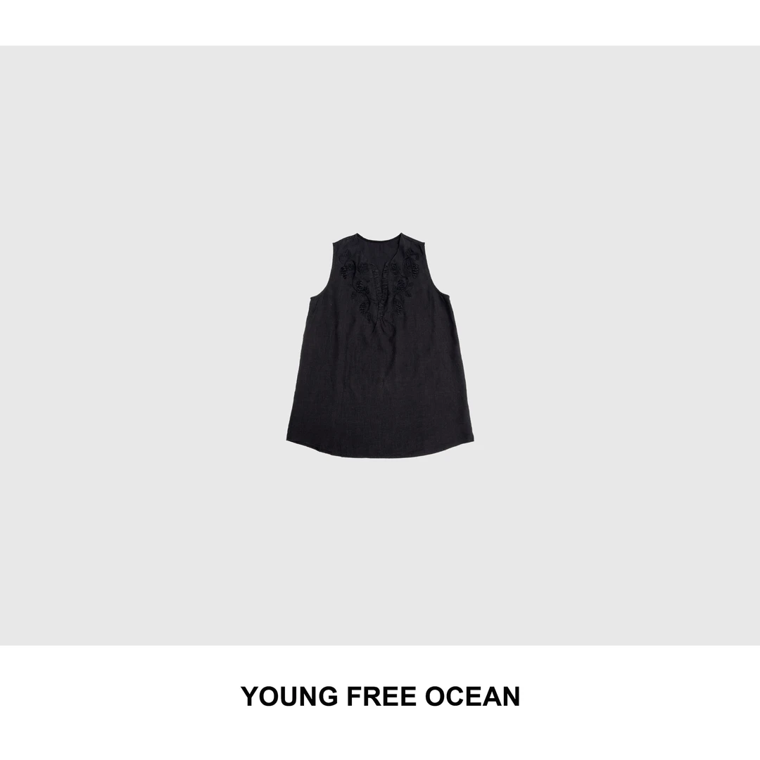 YOUNG FREE OCEAN2025夏款 刺绣花木耳领亚麻连衣裙73507
