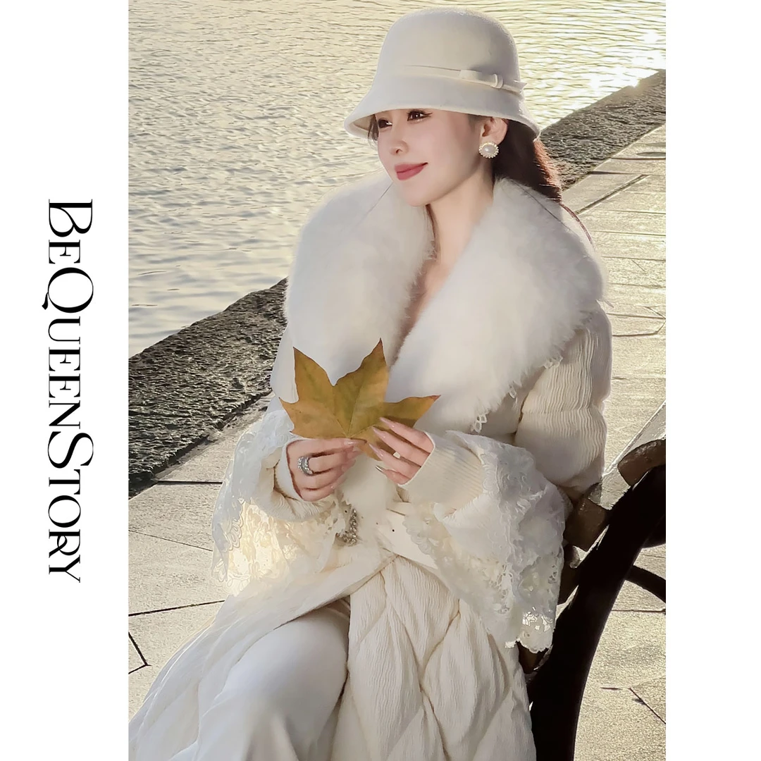 韩韩IU【倾城雪女】可拆卸狐狸大毛领重工拼接蕾丝保暖收腰羽绒服