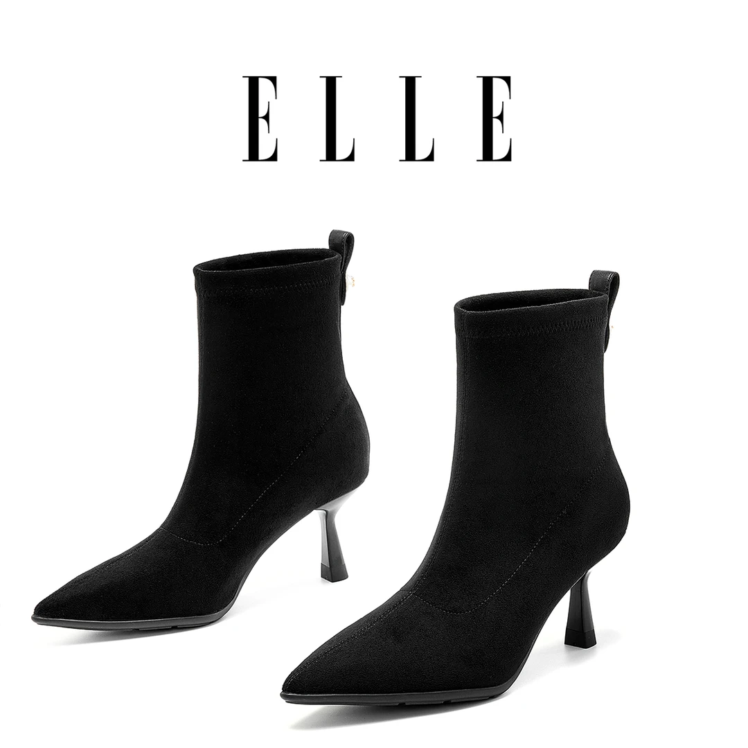 ELLE显瘦裸靴尖头细跟弹力瘦瘦靴时尚高跟鞋韩版短靴女不累脚单靴