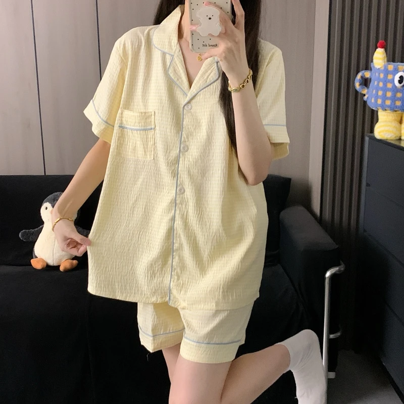 甜美少女格子云朵棉睡衣女短袖三件套薄款大码宽松夏季家居服套装