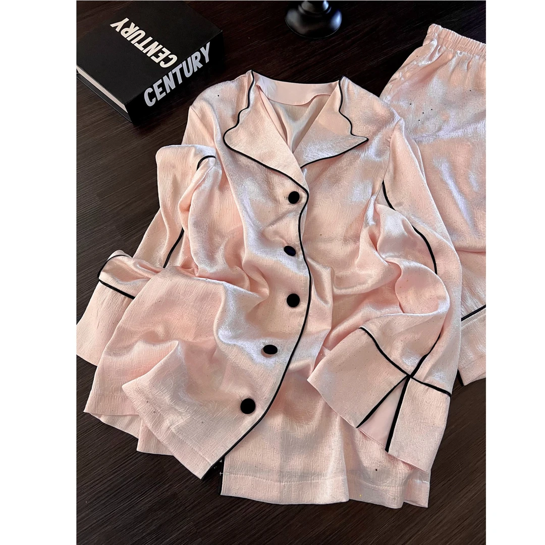 韩版粉色少女冰丝女睡衣春秋新款宽松大码长袖长裤居家两件套外穿