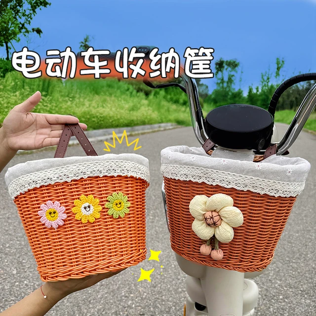 电动车收纳挂袋编织车筐可爱卡通前后座通用置物篮创意高级感女士