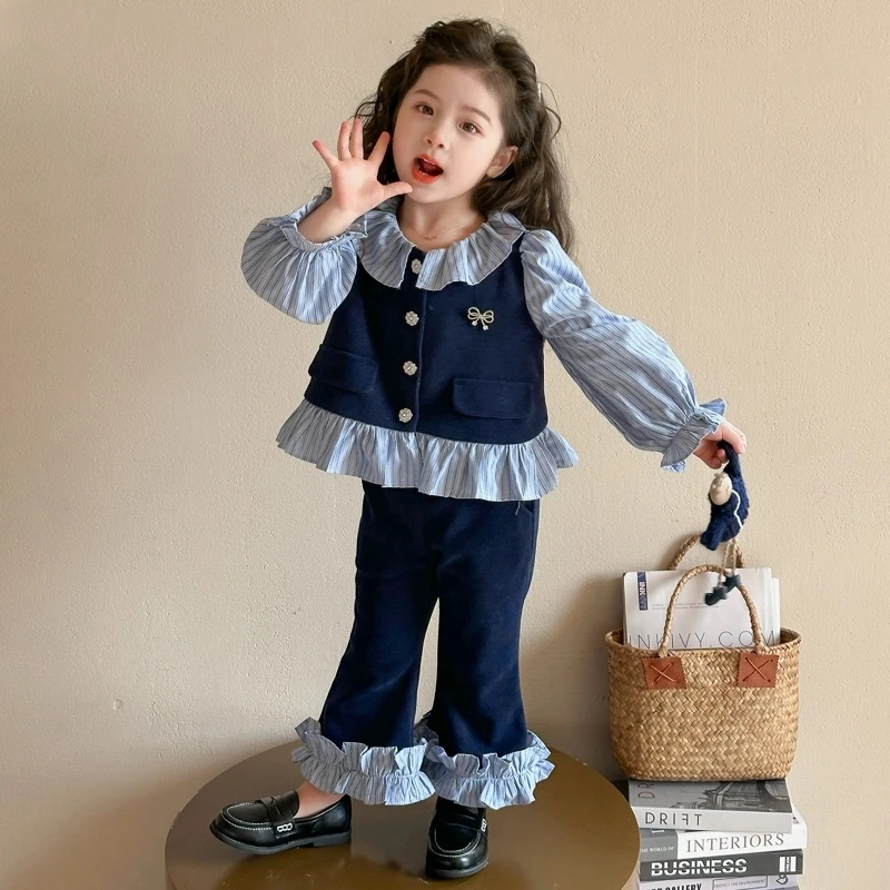 女童花边套装2025新款儿童春秋装韩版时髦女宝宝春季喇叭裤两件套